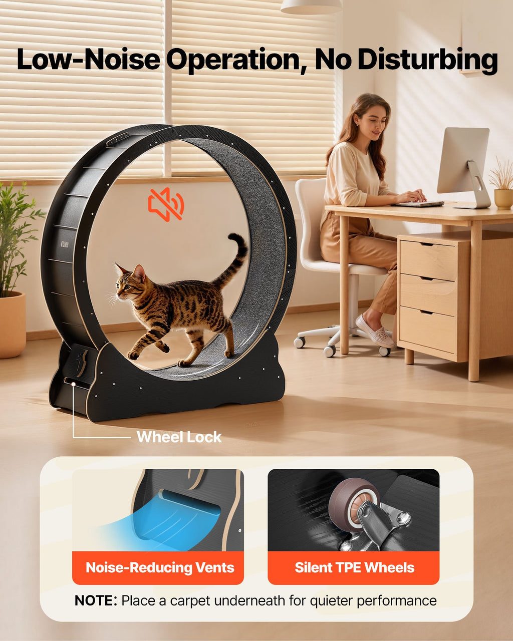 Cat Exercise Wheel, 48 In Wooden Cat Running Wheel For Indoor Cats Up To 28 Lbs, Cats Treadmill With Carpeted Runway & Locking Mechanism, Quiet Kitten Sport Toys For Pets Fitness & Health, Black